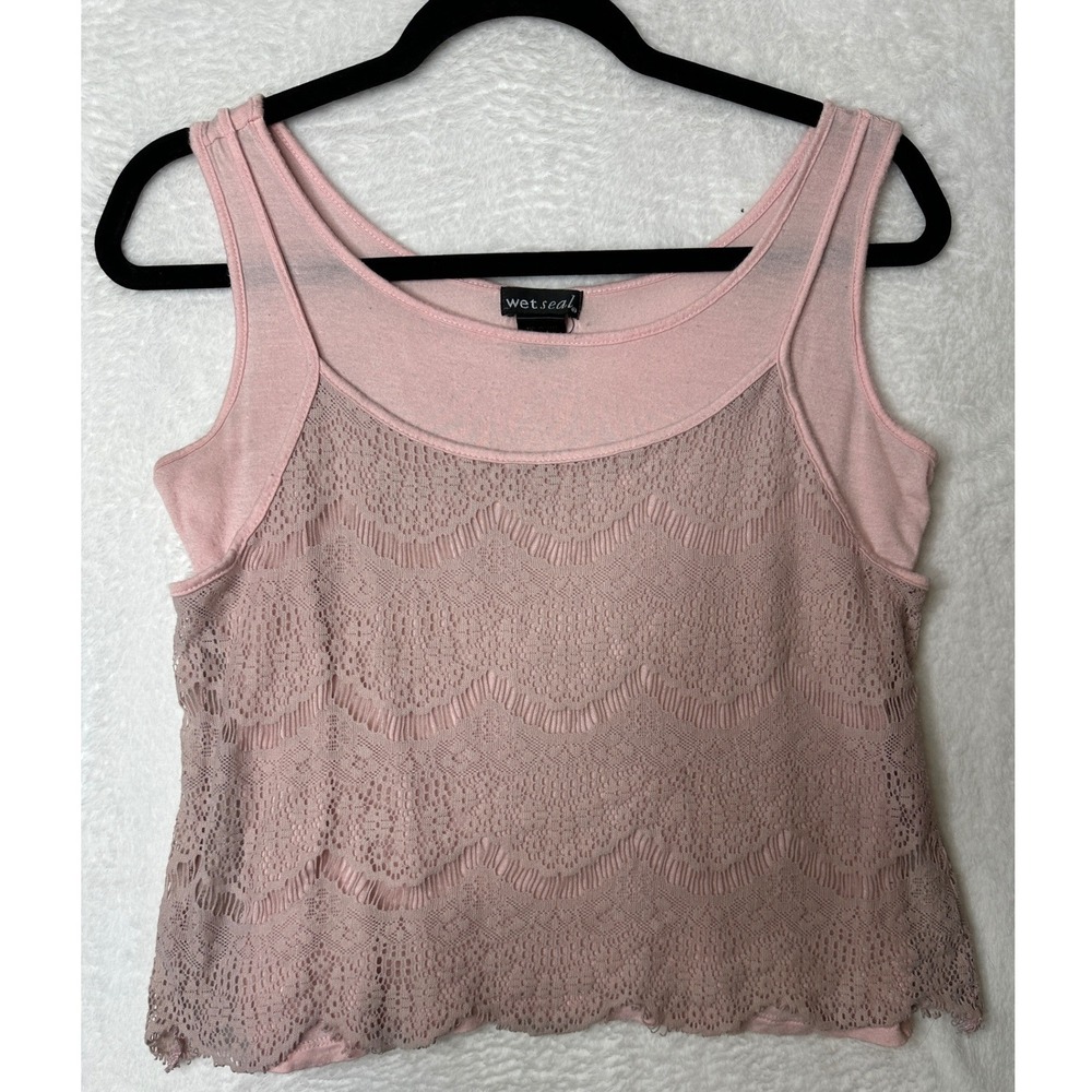 Wet Seal Tank Top Women XS Pink Lace Layered Y2K Scoop Neck Sleeveless